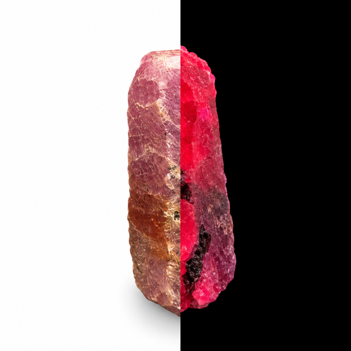 GeoFossils Ruby mineral specimen 213 shown in natural light and under UV illumination, comparing its natural colour with its red-pink fluorescence.
