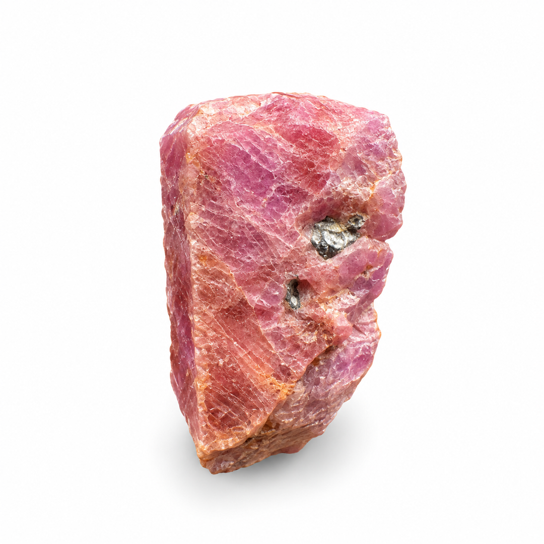 GeoFossils Ruby mineral specimen 214 showing its natural pink and reddish tones with a rough crystal surface on a white background.