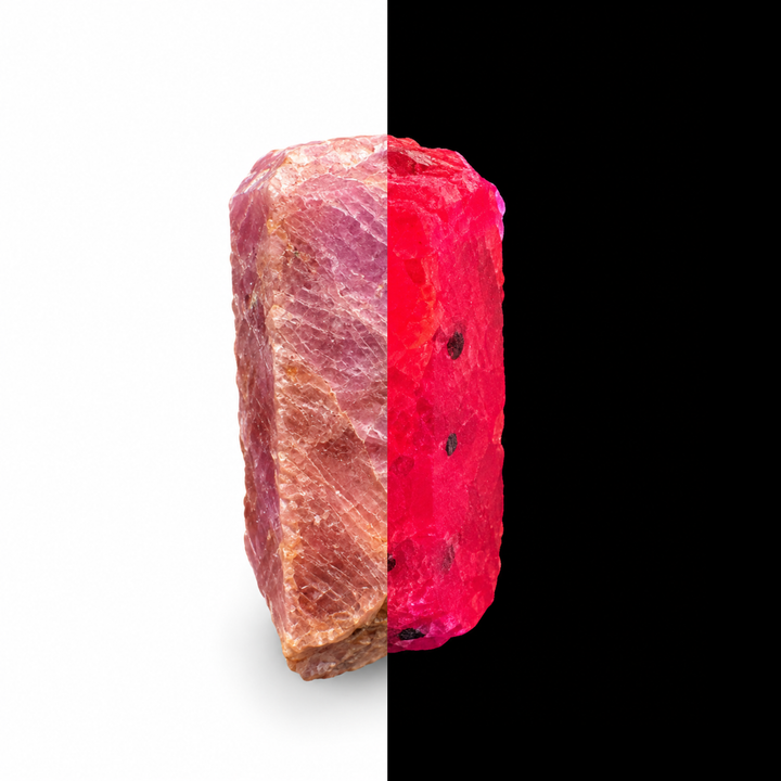 GeoFossils Ruby mineral specimen 214 shown in natural light and under UV illumination, comparing its natural colour with its red-pink fluorescence.