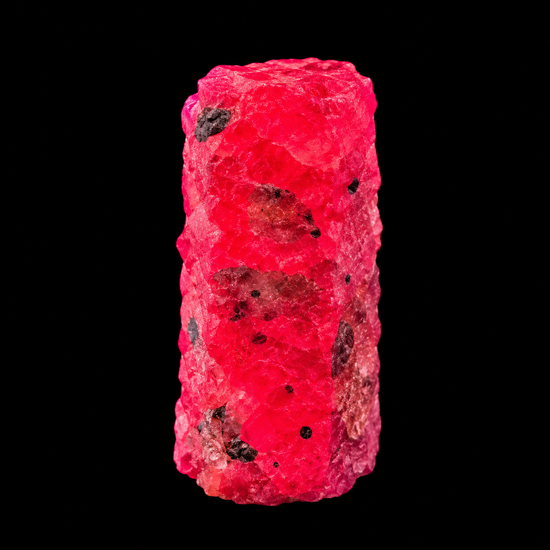 GeoFossils Ruby mineral specimen 215 displaying bright red-pink fluorescence under UV light against a black background.