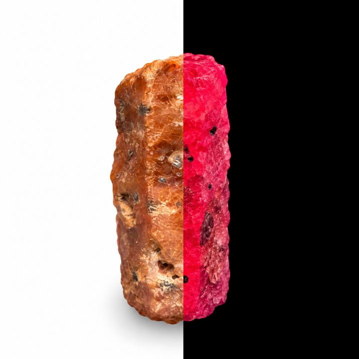 GeoFossils Ruby mineral specimen 215 shown in natural light and under UV illumination, comparing its natural colour with its red-pink fluorescence.