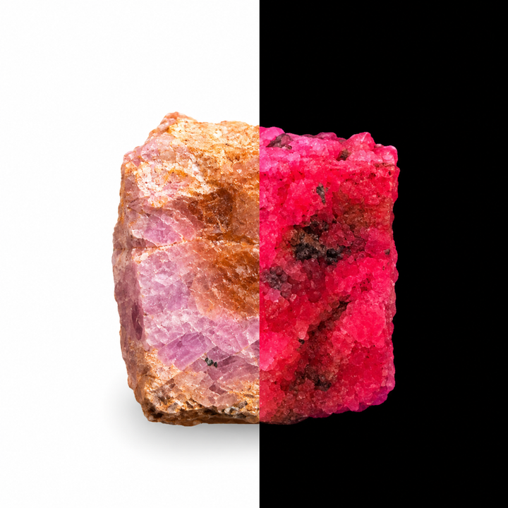GeoFossils Ruby mineral specimen 216 shown in natural light and under UV illumination, comparing its natural colour with its red-pink fluorescence.