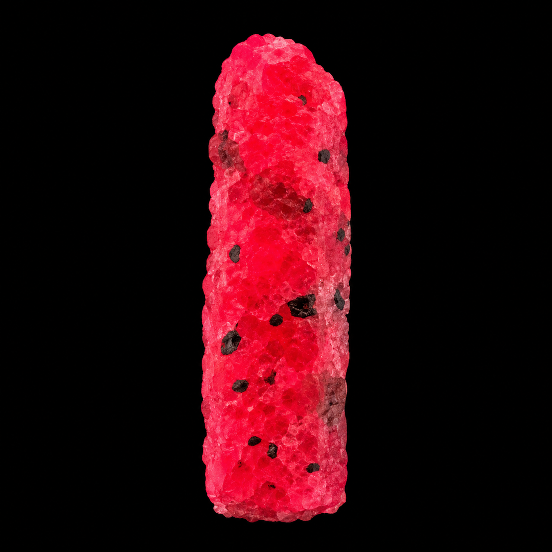 GeoFossils Ruby mineral specimen 217 displaying bright red-pink fluorescence under UV light against a black background.