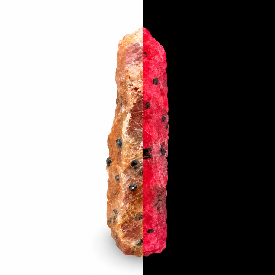 GeoFossils Ruby mineral specimen 217 shown in natural light and under UV illumination, comparing its natural colour with its red-pink fluorescence.