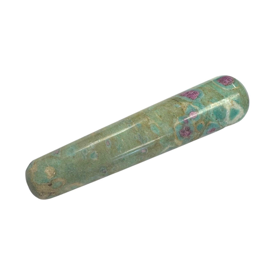 Polished Ruby in Fuchsite crystal massage wand combining vibrant pink ruby inclusions within a green fuchsite matrix, smooth cylindrical shape with rounded ends, used for heart chakra healing, emotional balance, and gentle massage therapy