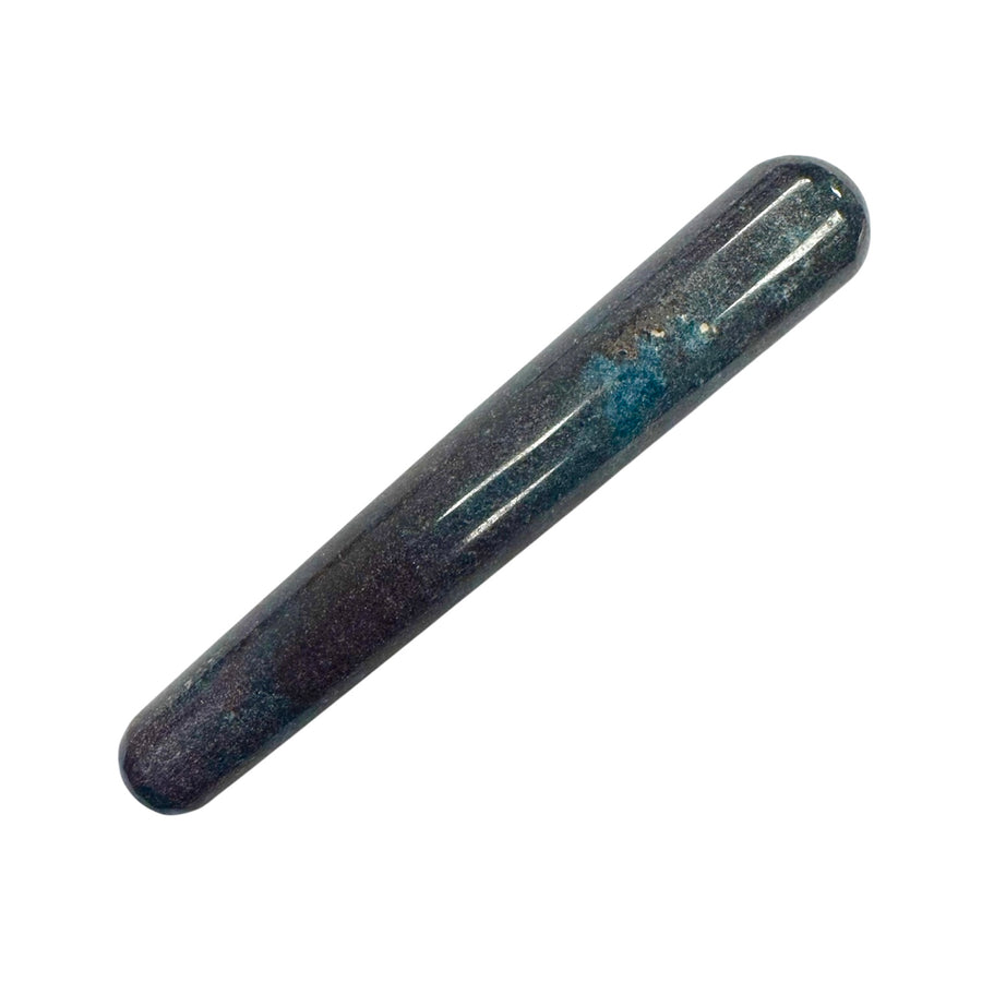 Polished Ruby in Kyanite crystal massage wand showcasing deep red ruby inclusions set within a blue kyanite matrix, with a smooth cylindrical form and rounded ends, ideal for crystal healing and therapeutic massage.