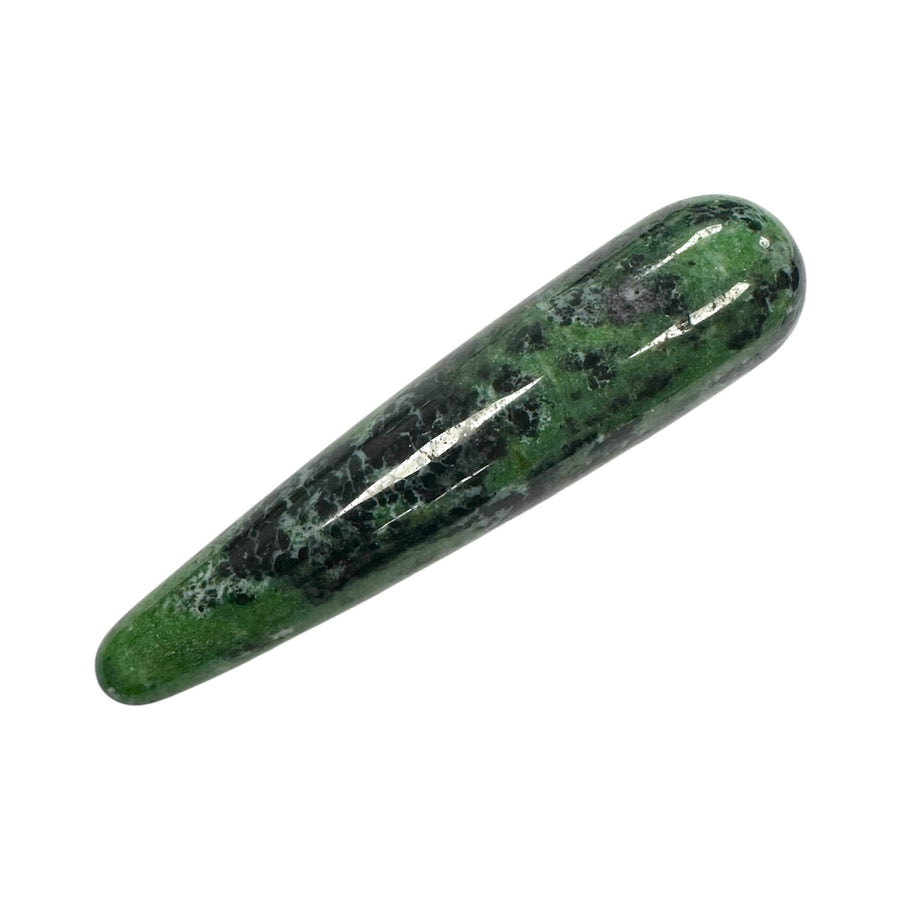 Ruby in Zoisite crystal wand featuring natural pink-red ruby spots within a green and black zoisite base, used for massage and spiritual growth