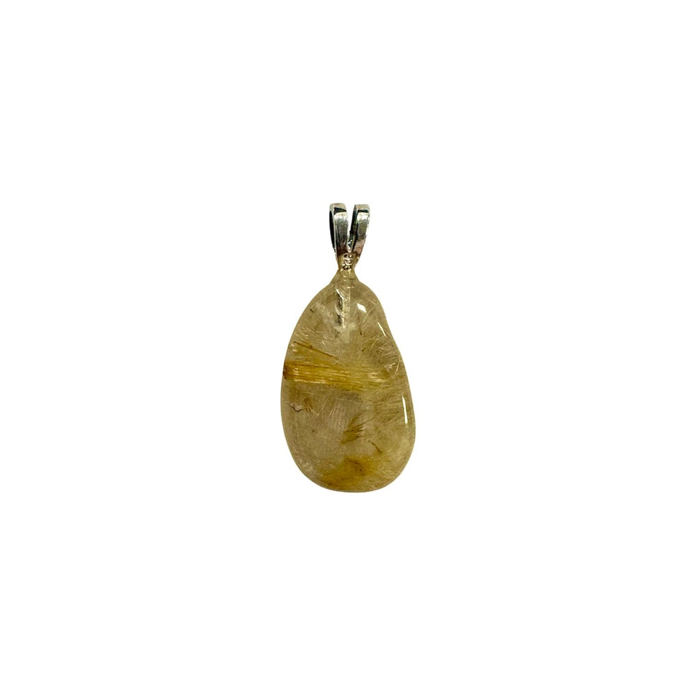 GeoFossils Rutilated Quartz Sterling Silver Pendant – Brazilian clear quartz with golden rutile inclusions in sterling silver setting – manifestation and clarity jewellery – handmade in the UK.