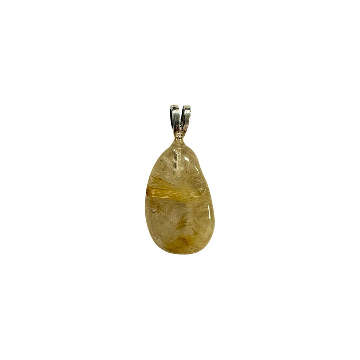 GeoFossils Rutilated Quartz Sterling Silver Pendant – Brazilian clear quartz with golden rutile inclusions in sterling silver setting – manifestation and clarity jewellery – handmade in the UK.