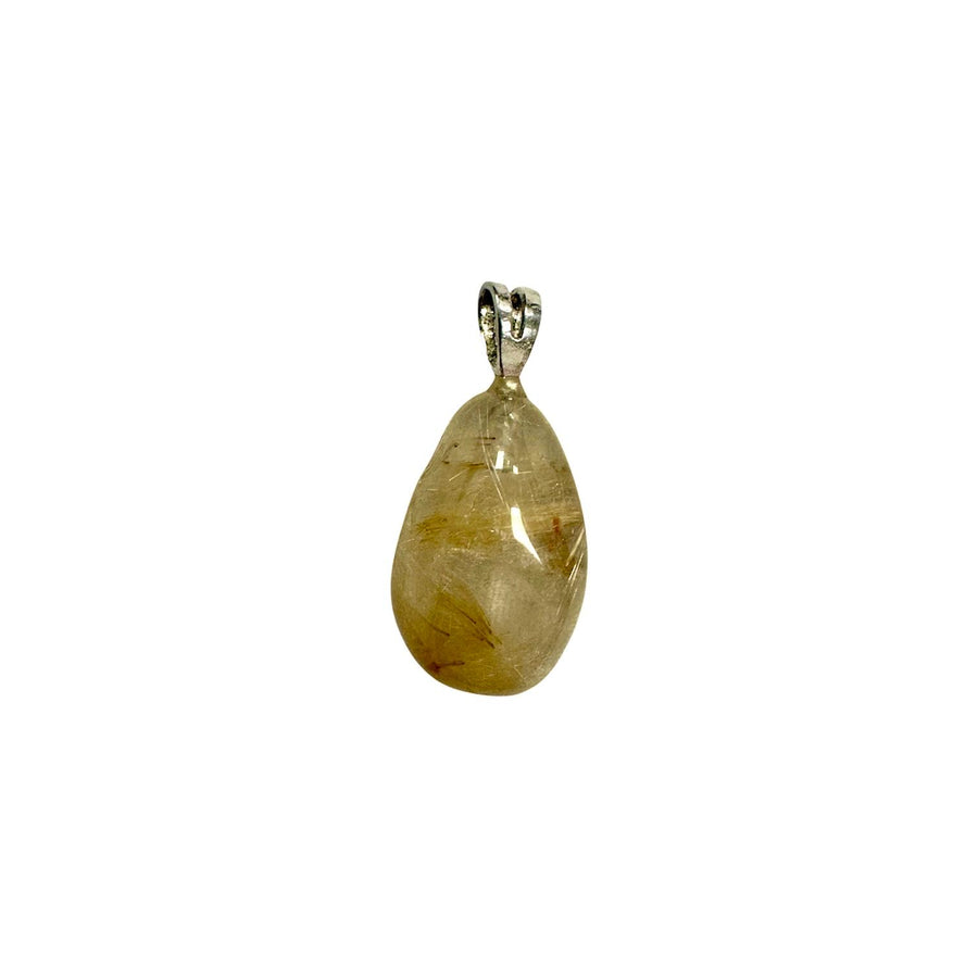 GeoFossils Rutilated Quartz Sterling Silver Pendant – Brazilian clear quartz with golden rutile inclusions in sterling silver setting – manifestation and clarity jewellery – handmade in the UK.