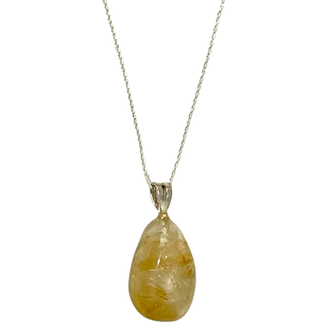 GeoFossils Rutilated Quartz Sterling Silver Pendant – Brazilian clear quartz with golden rutile inclusions in sterling silver setting – manifestation and clarity jewellery – handmade in the UK.