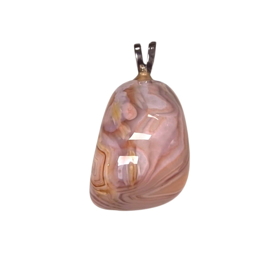 GeoFossils Botswana Pink Agate Sterling Silver Pendant – soft blush banded chalcedony in sterling silver setting – emotional healing, balance, and self-love jewellery – handmade in the UK.