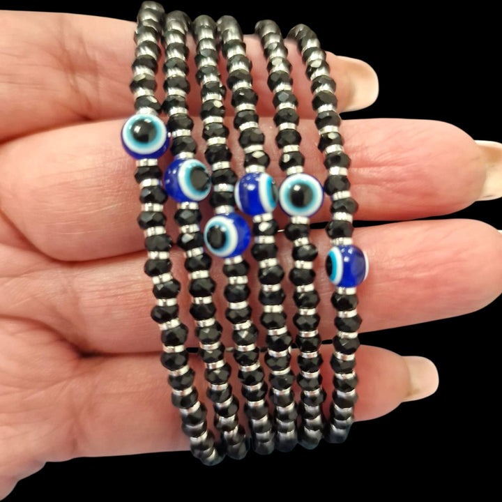 GeoFossils Sterling Silver 4mm Facetted Spinel Bracelet with Evil Eye Charm