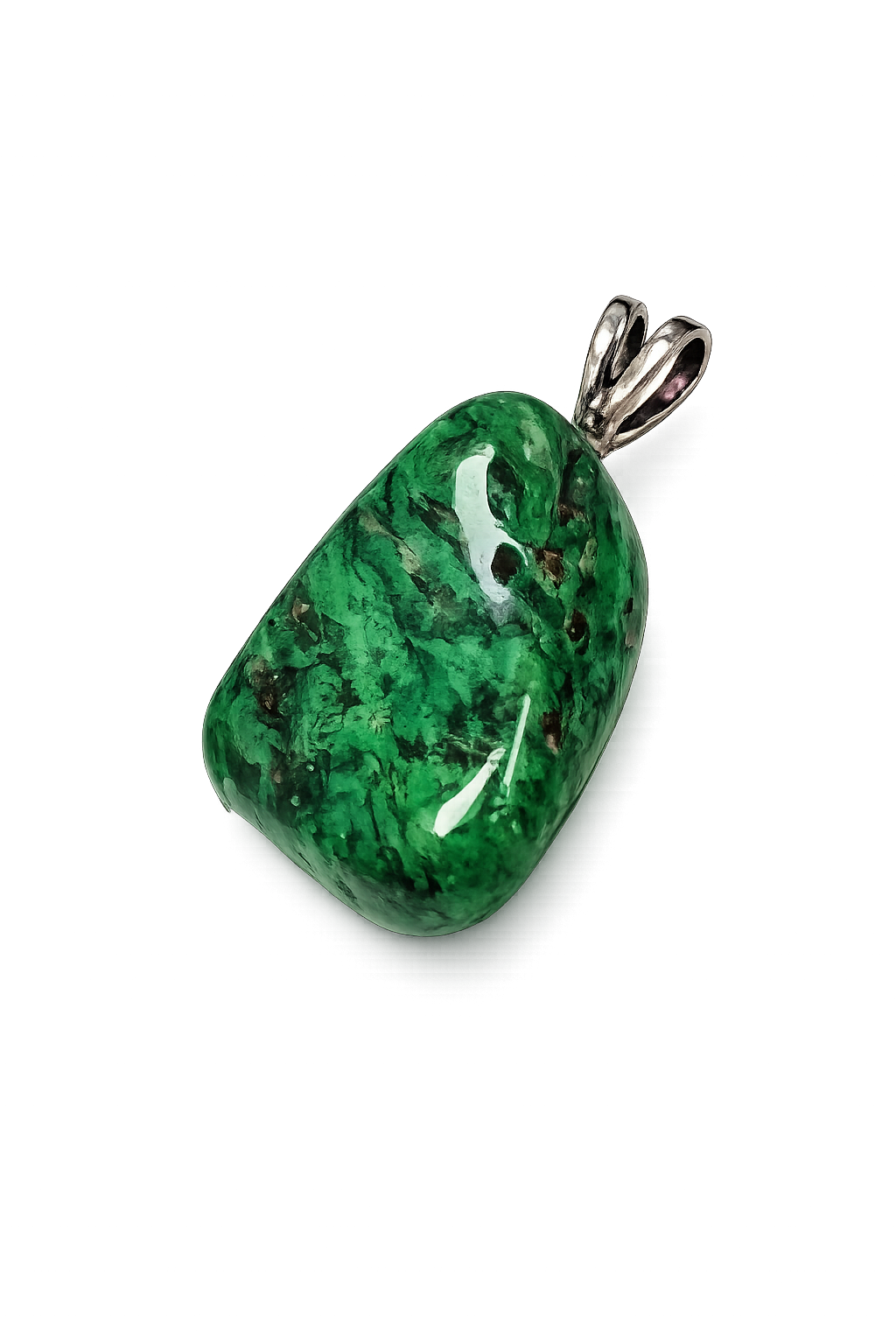 Rare Maw Sit Sit crystal pendant displaying vivid green and black mineral textures