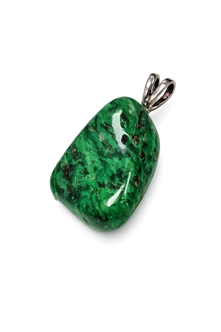 Rare Maw Sit Sit crystal pendant displaying vivid green and black mineral textures