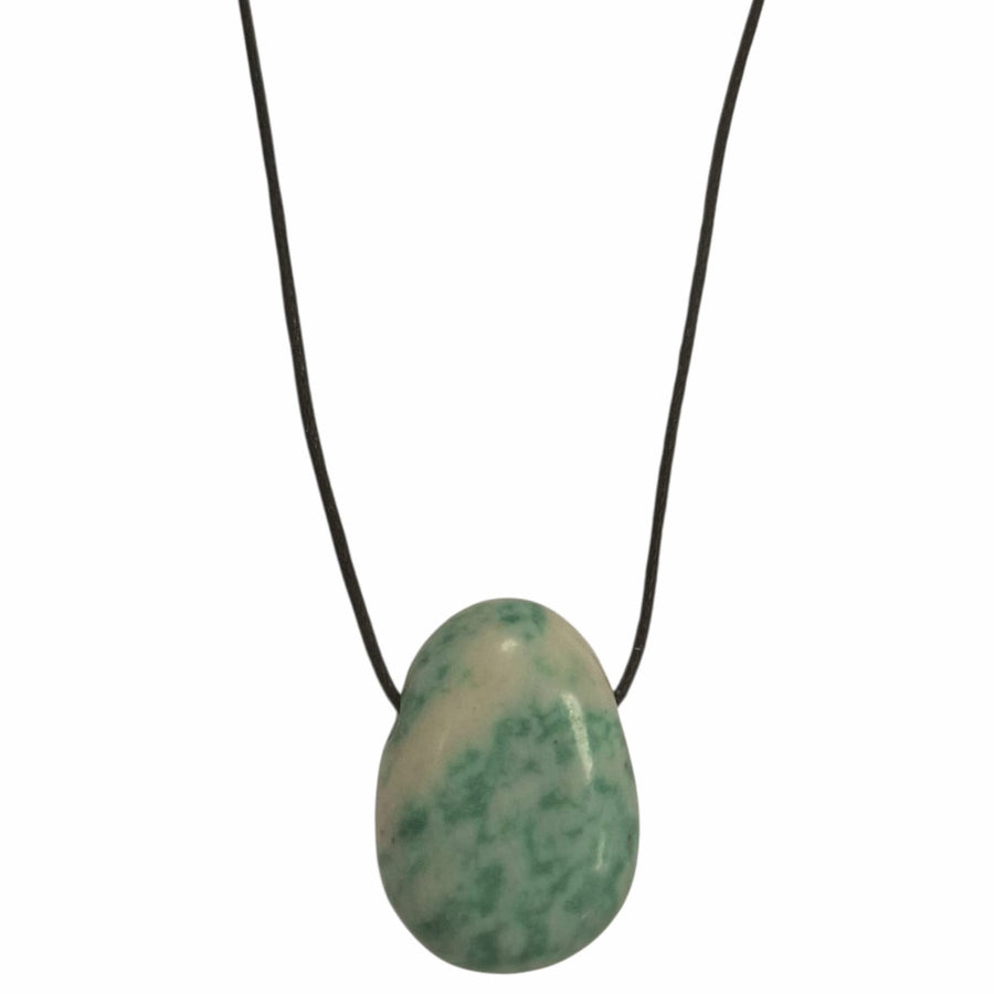 Saussurite drilled tumble stone pendant on a black cord – mottled green crystal for resilience, healing and emotional grounding