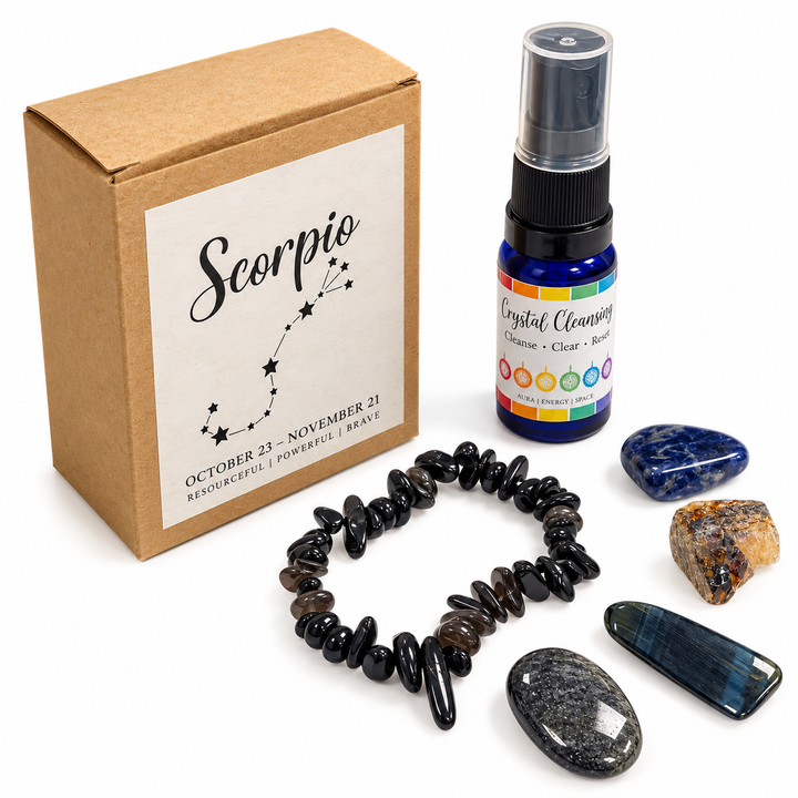GeoFossils Scorpio Zodiac Crystal Set featuring a labelled gift box, Black Obsidian bracelet, Sodalite, Blue Tiger's Eye, Gold Sheen Obsidian, Amber and crystal cleansing spray