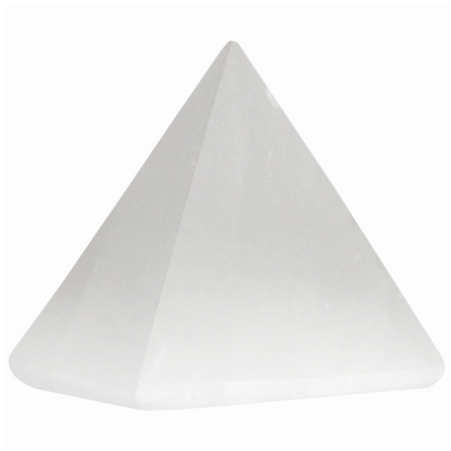Polished 40mm selenite pyramid with luminous white finish – used for energy clearing, meditation, and sacred geometry crystal grids