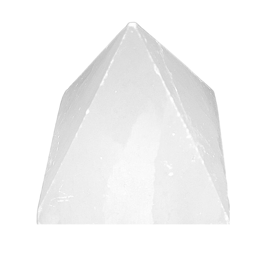 Polished 40mm selenite pyramid with luminous white finish – used for energy clearing, meditation, and sacred geometry crystal grids