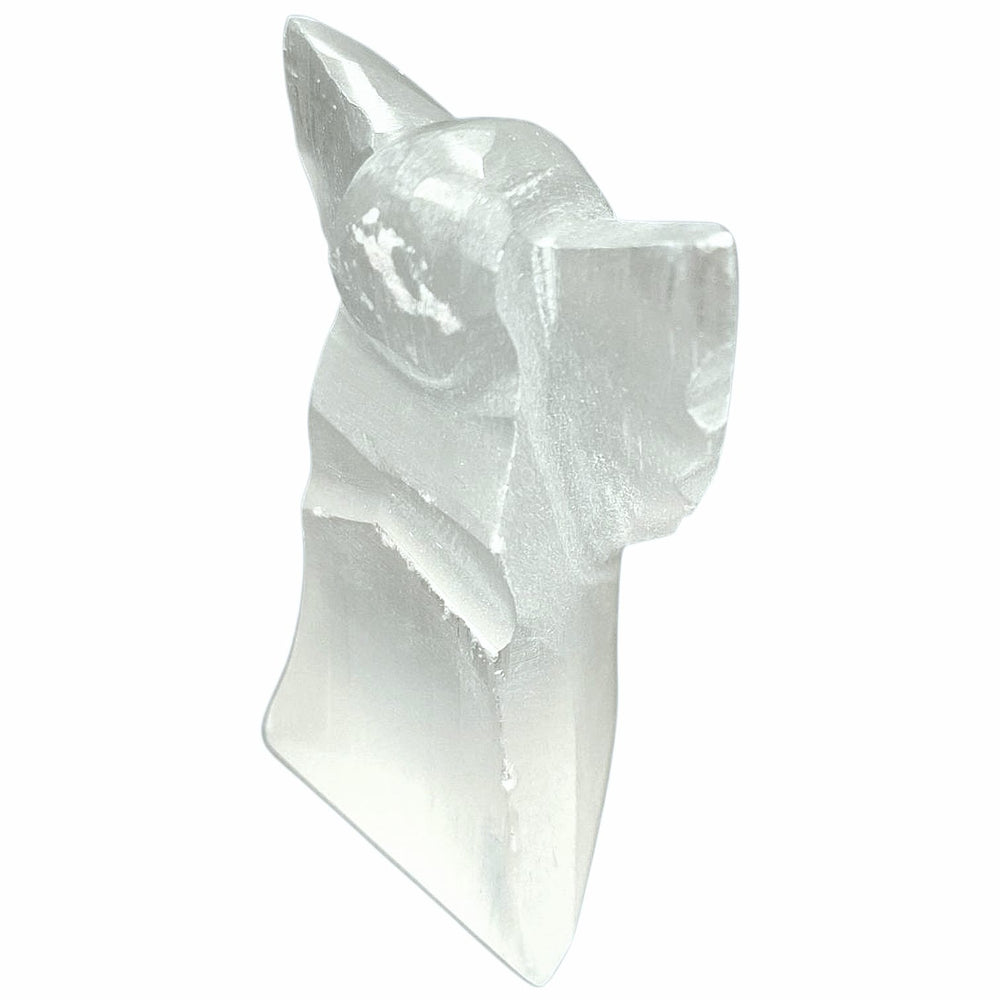 Polished 55mm selenite angel carved from white crystal – used for peace, protection, and spiritual connection in sacred spaces