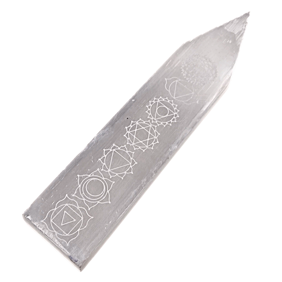 closeup view of Selenite Chakra Blade – Engraved Polished Wand.