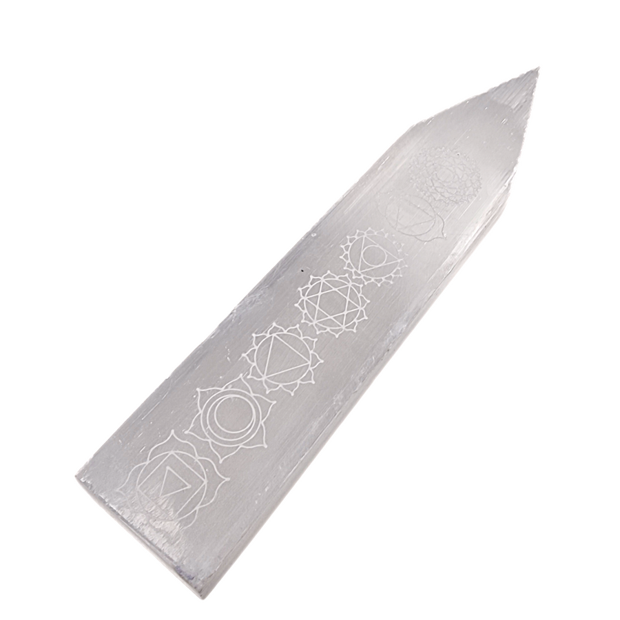 Selenite Chakra Blade – Engraved Polished Wand shown on white background.