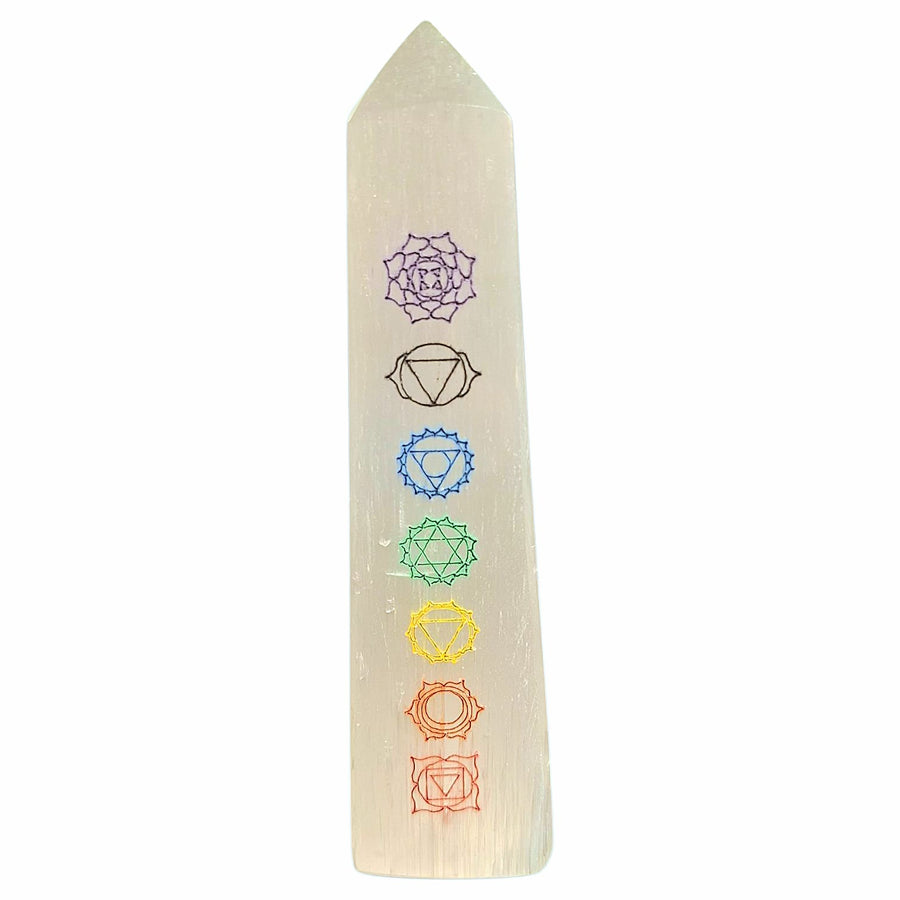 Chakra Selenite Towers in 3–6cm and 12–15cm sizes – white selenite with colourful chakra symbols engraved down one side, used for alignment and energy cleansing
