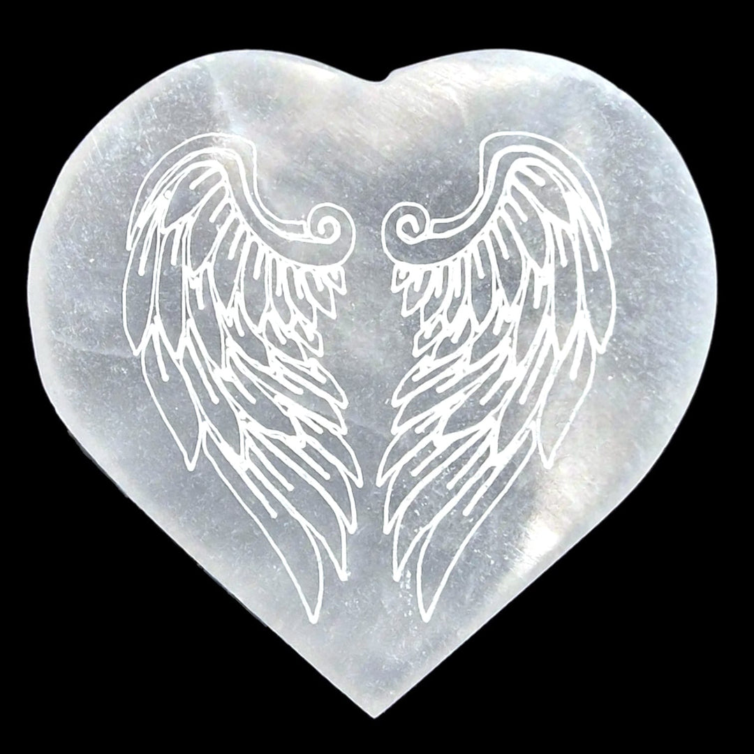 GeoFossils Selenite Heart-Shaped Angel Wing Charging Disc – crystal cleansing plate with carved angelic design