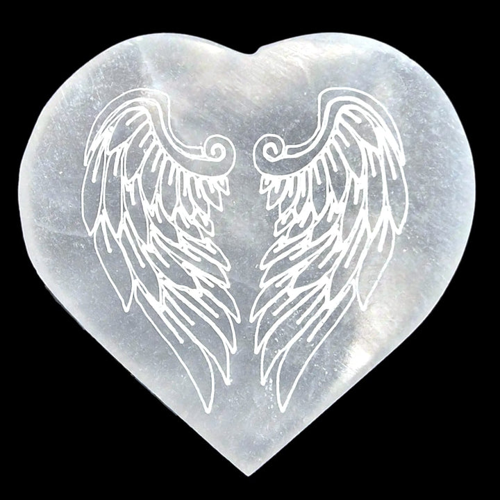 GeoFossils Selenite Heart-Shaped Angel Wing Charging Disc – crystal cleansing plate with carved angelic design