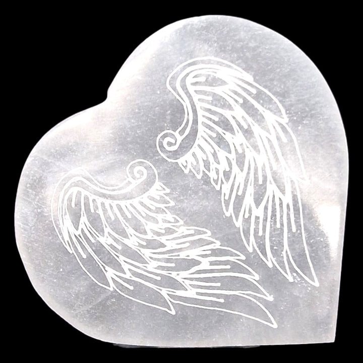 GeoFossils Selenite Heart-Shaped Angel Wing Charging Disc – crystal cleansing plate with carved angelic design