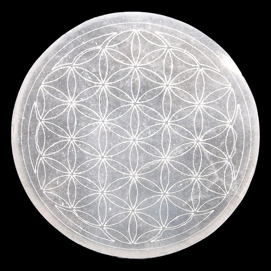 GeoFossils Flower of Life Selenite Charging Disc 10cm – sacred geometry etched crystal plate