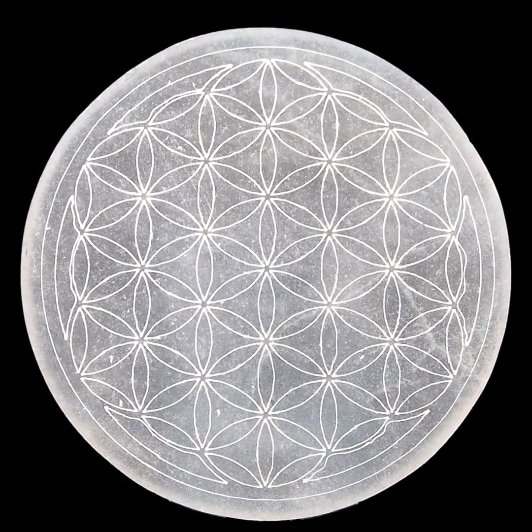 GeoFossils Flower of Life Selenite Charging Disc 15cm – large crystal cleansing plate with sacred pattern