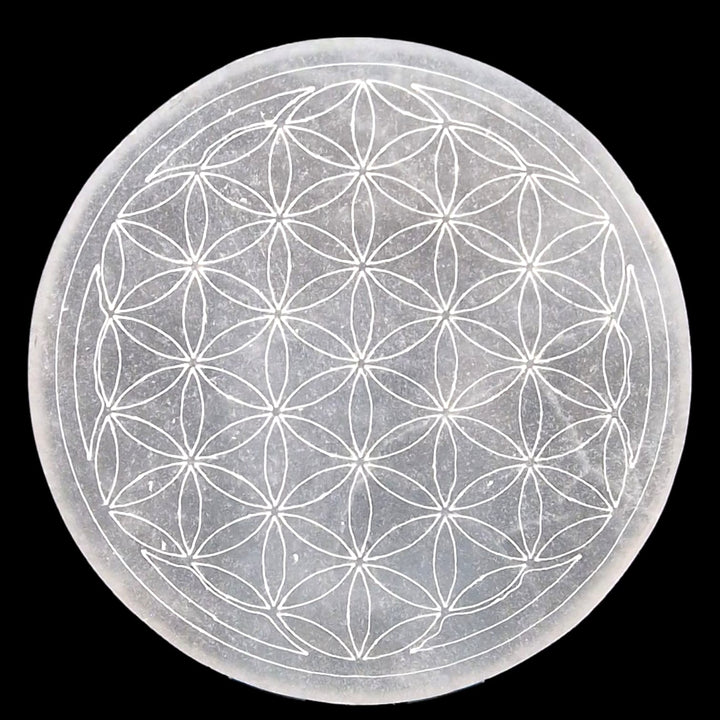 GeoFossils Flower of Life Selenite Charging Disc 15cm – large crystal cleansing plate with sacred pattern