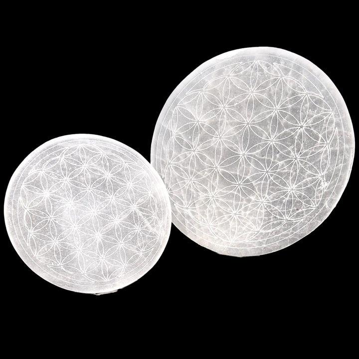 GeoFossils Flower of Life Selenite Charging Disc Variation and Size reference – large crystal cleansing plate with sacred pattern