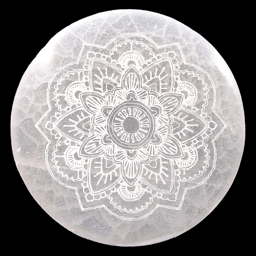 GeoFossils 10cm Selenite Mandala Charging Disc – round crystal cleansing plate with engraved sacred pattern