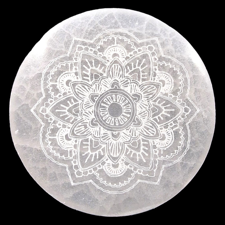 GeoFossils 10cm Selenite Mandala Charging Disc – round crystal cleansing plate with engraved sacred pattern