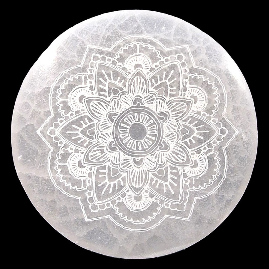 GeoFossils 10cm Selenite Mandala Charging Disc – round crystal cleansing plate with engraved sacred pattern