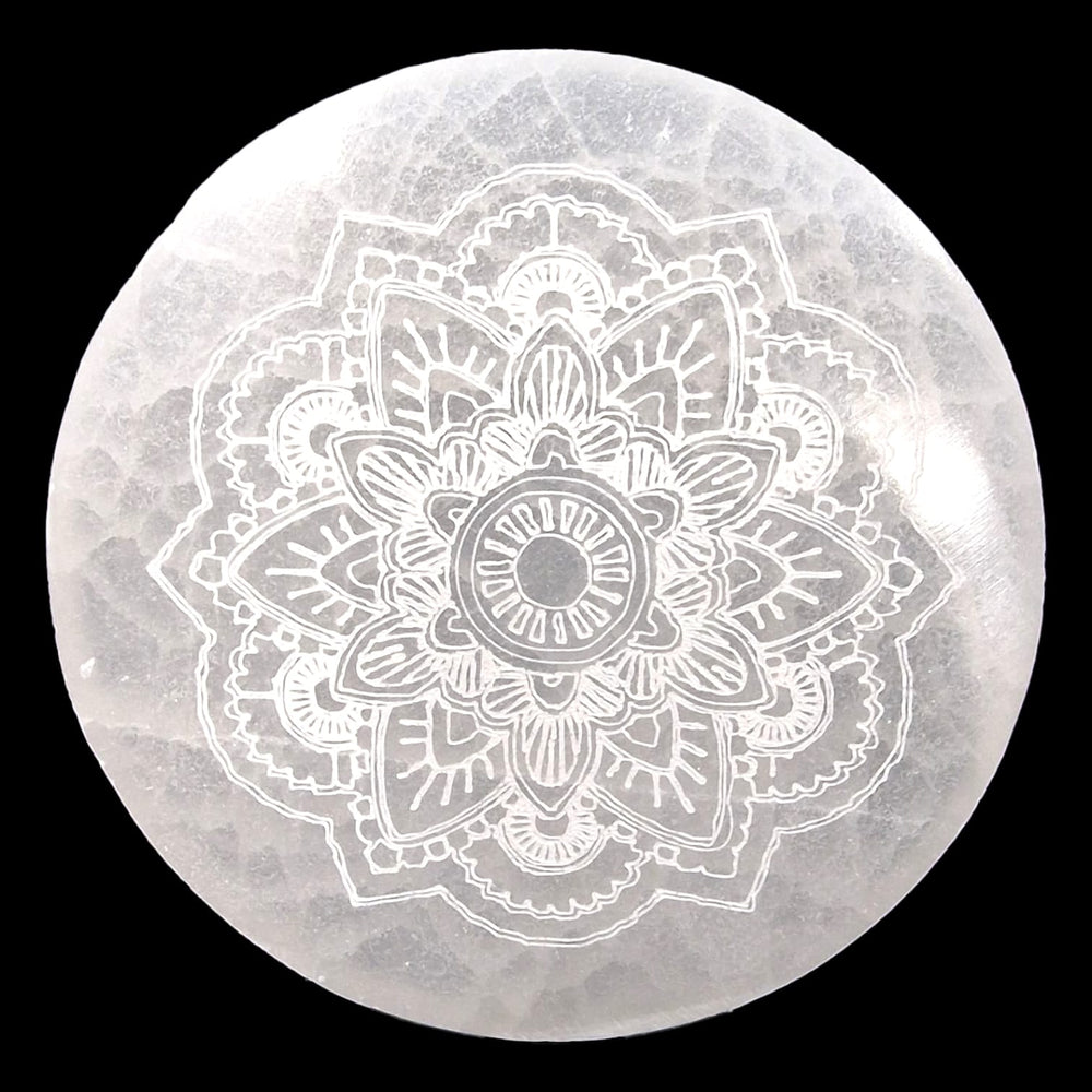 GeoFossils 10cm Selenite Mandala Charging Disc – round crystal cleansing plate with engraved sacred pattern
