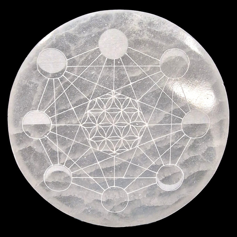 GeoFossils 10cm Selenite Charging Disc with Moon Phases and Flower of Life – engraved sacred geometry plate for crystal cleansing