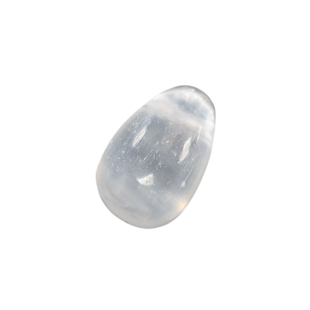 GeoFossils Selenite Drilled Tumble Stone – white polished crystal with horizontal drill hole for cleansing, clarity and crown chakra alignment