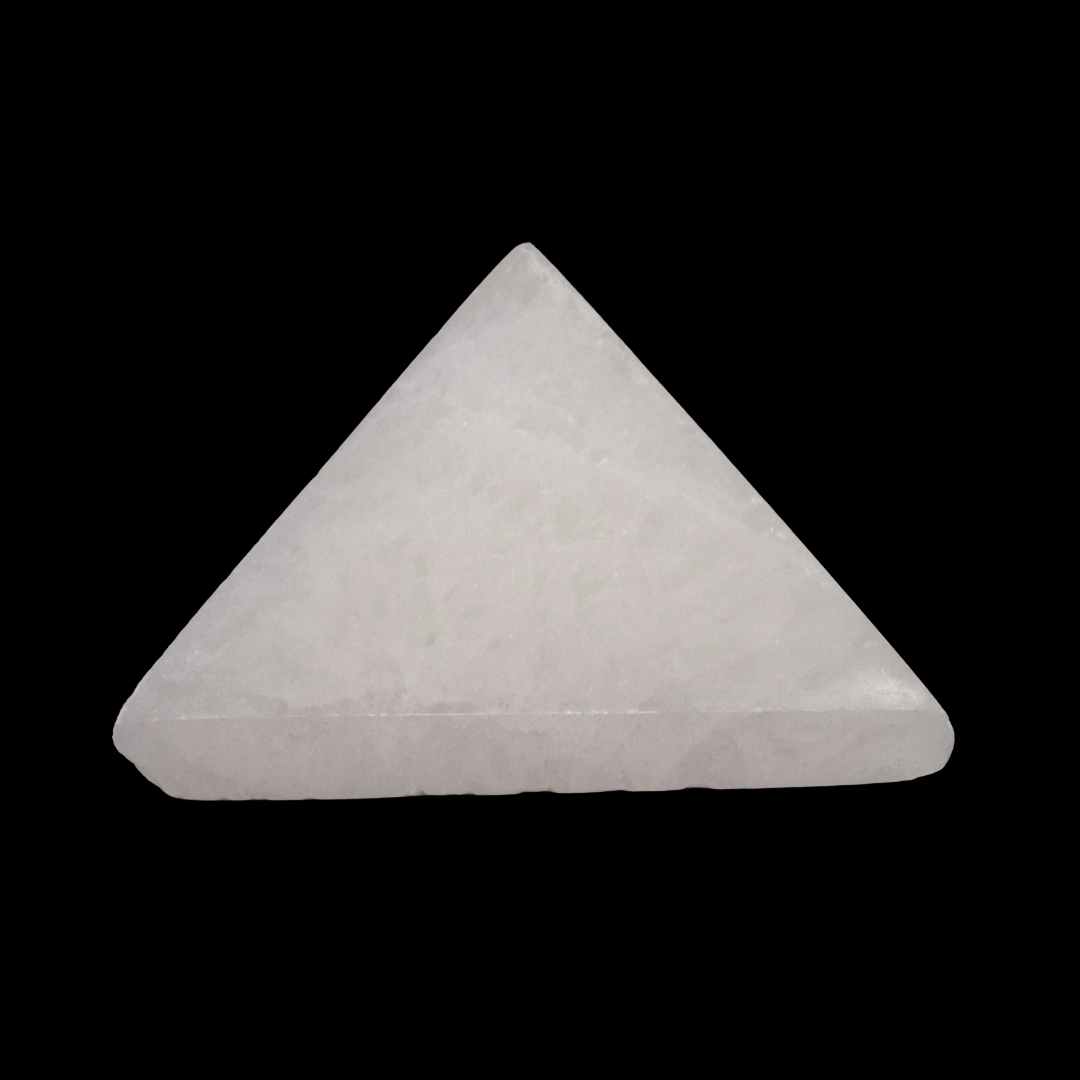Selenite Triangle Charging Disc 80mm shown on black background.