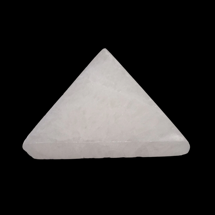 Selenite Triangle Charging Disc 80mm shown on black background.