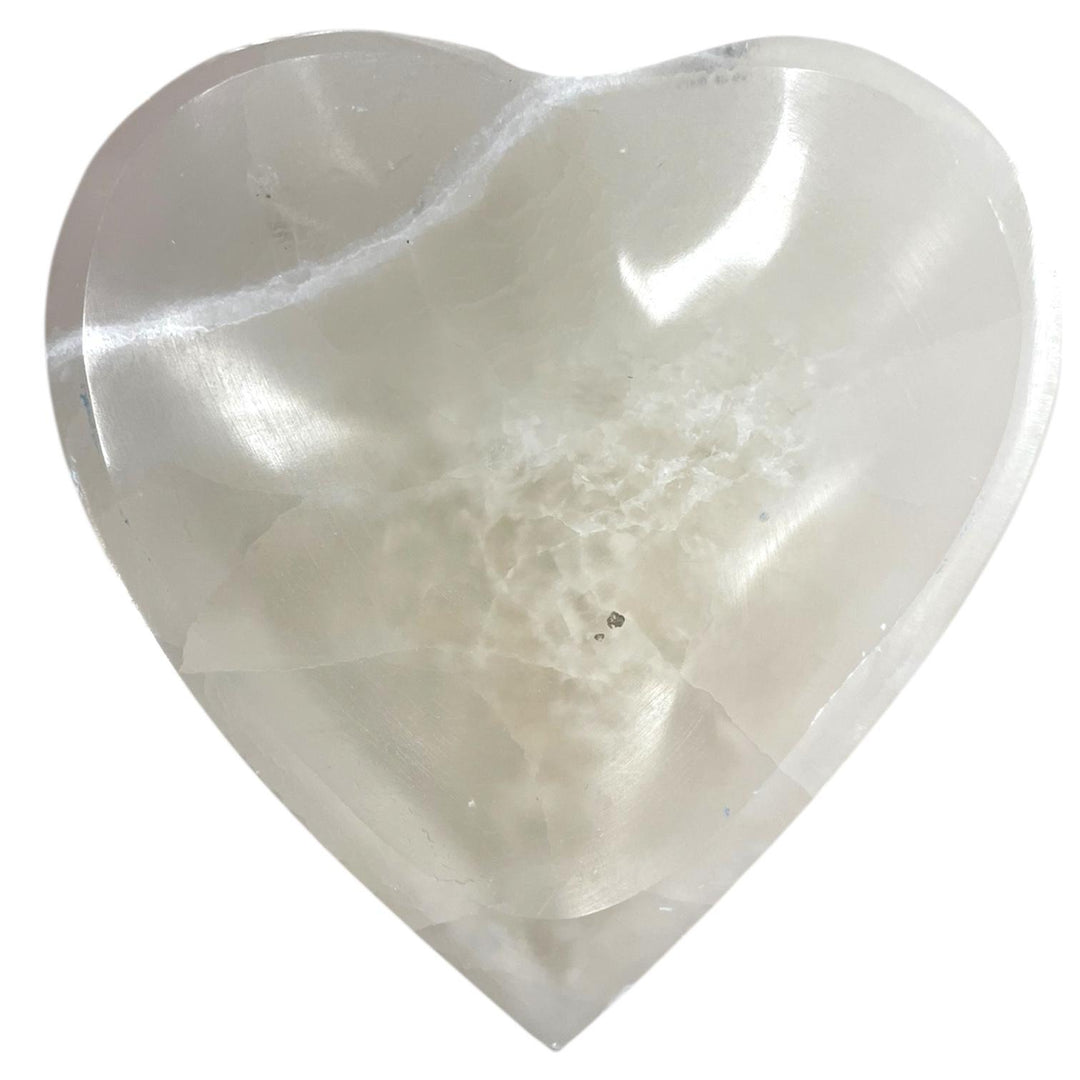 15cm Selenite Heart Bowl for crystal cleansing and energy work, carved from pure selenite