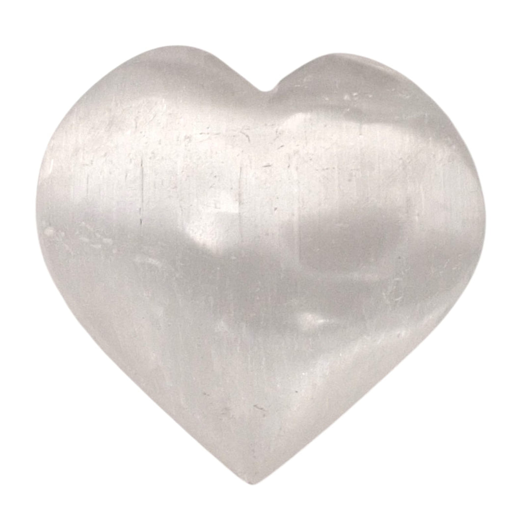 Medium Selenite Heart crystal shown on white background.