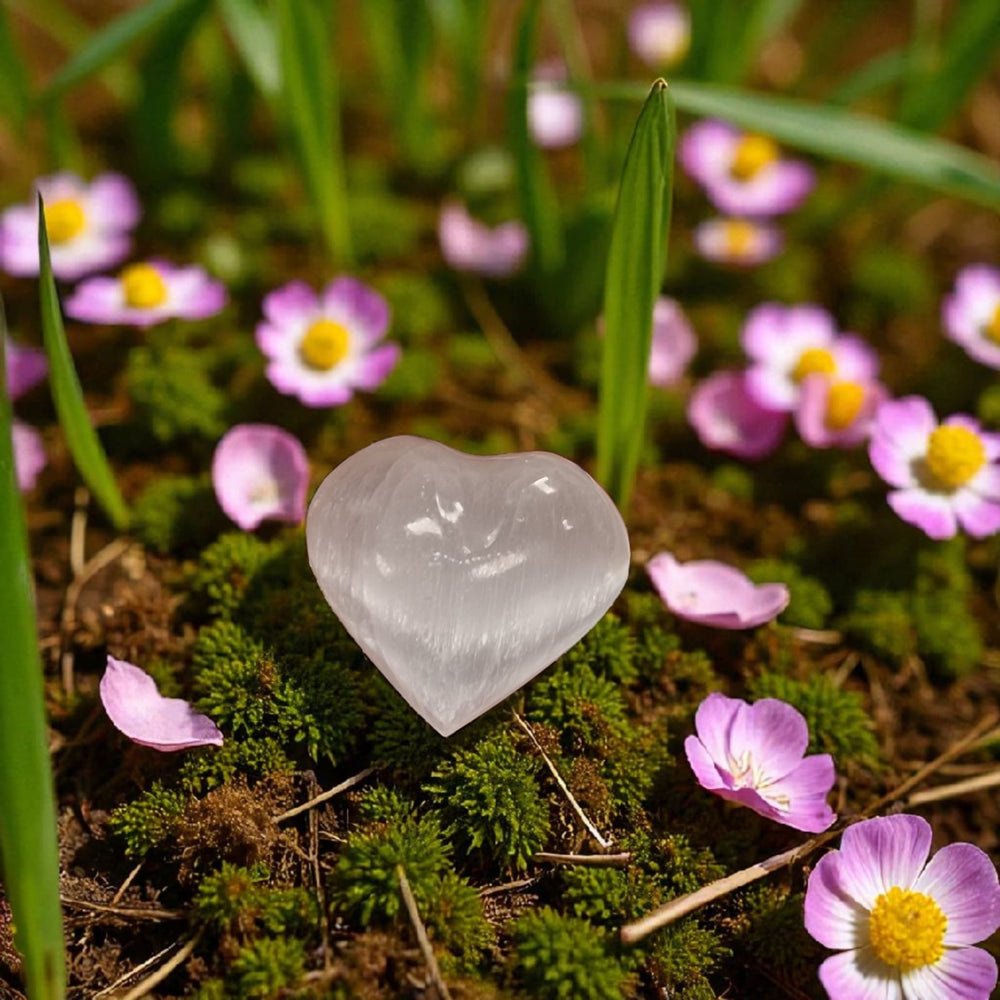 Small Selenite Heart 3 cm crystal shown on evergreen background.