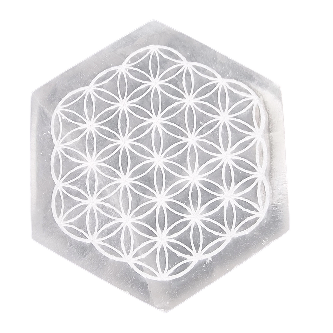 Selenite Engraved Hexagon Flower of Life Charging Disc shown on white background.
