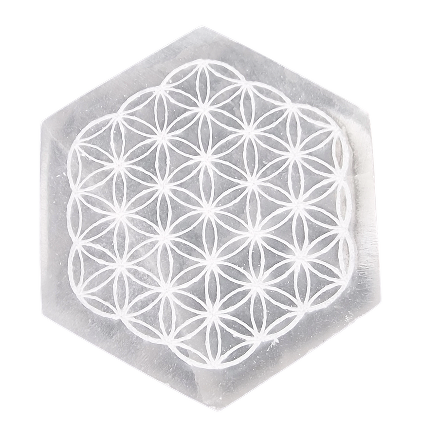 Selenite Engraved Hexagon Flower of Life Charging Disc shown on white background.