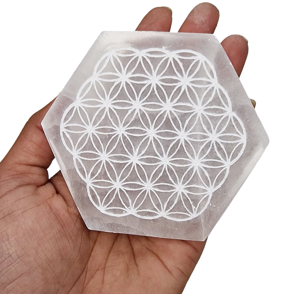 Selenite Engraved Hexagon Flower of Life Charging Disc shown on hand for scale.