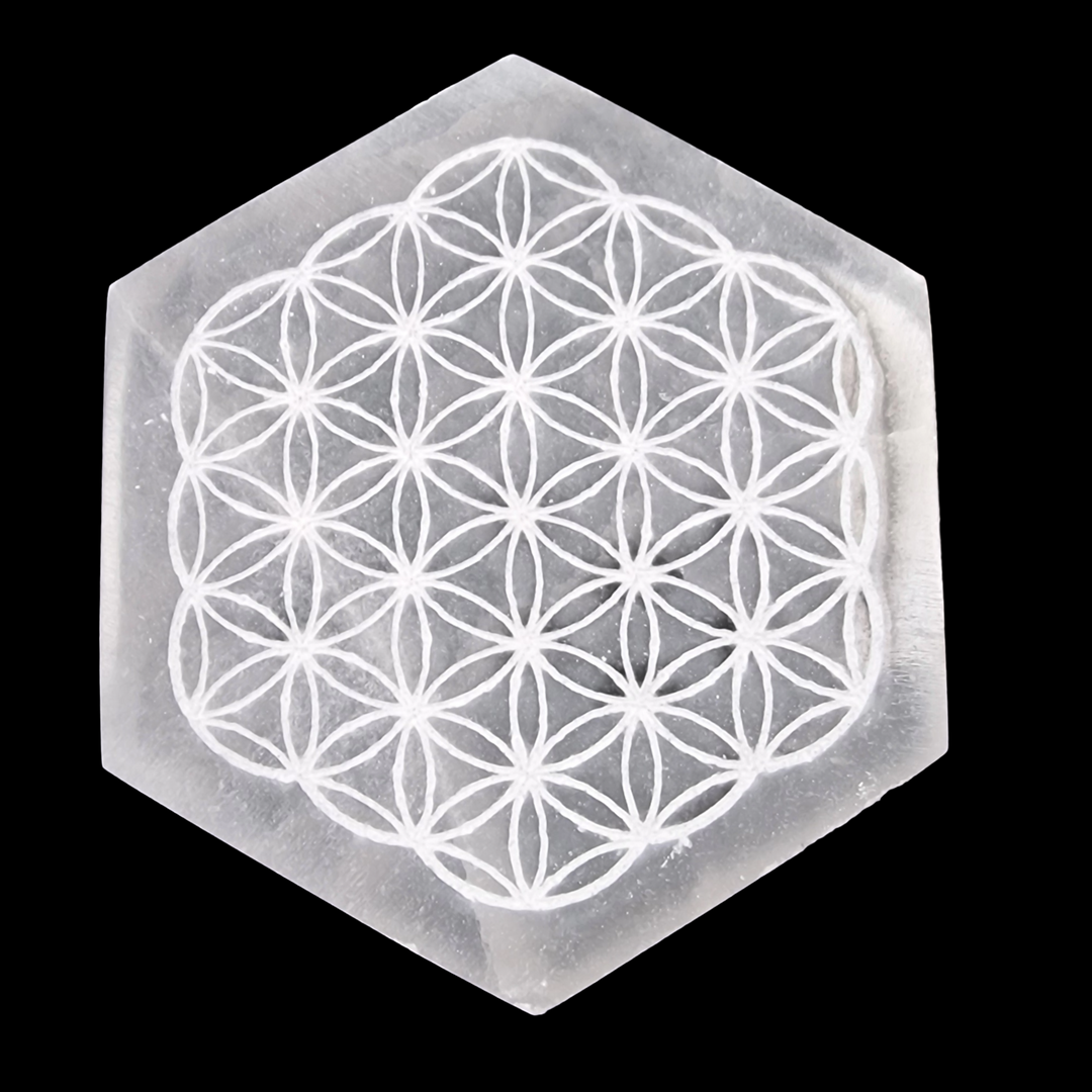 Selenite Engraved Hexagon Flower of Life Charging Disc shown on black background.