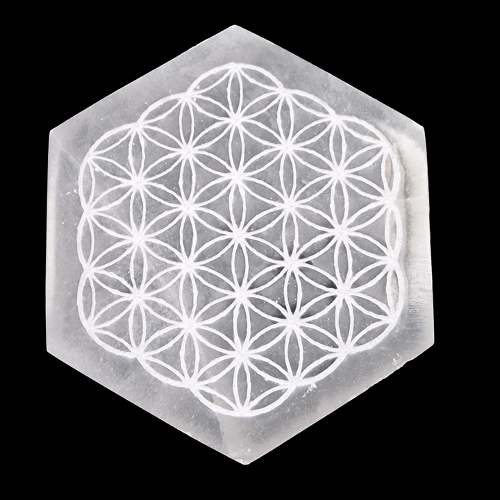 Selenite Engraved Hexagon Flower of Life Charging Disc shown on black background.